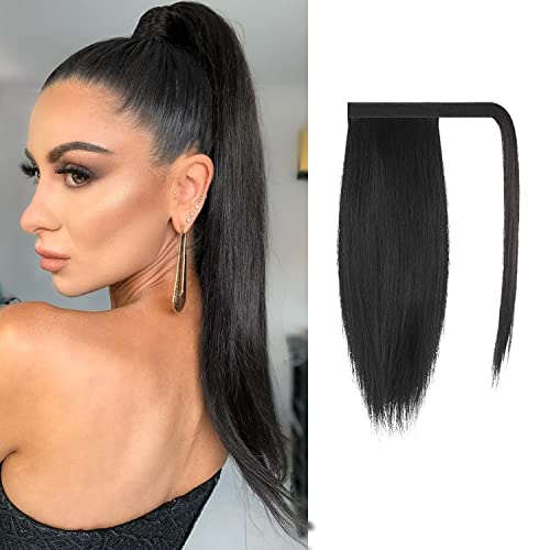 Feshfen Straight Ponytail Extension 14 Inch Pony Tails Natural Long Ponytails Wrap Around Clip In Hair Piece Synthetic Hairpieces For Women Girls, Natural Black #TOP16