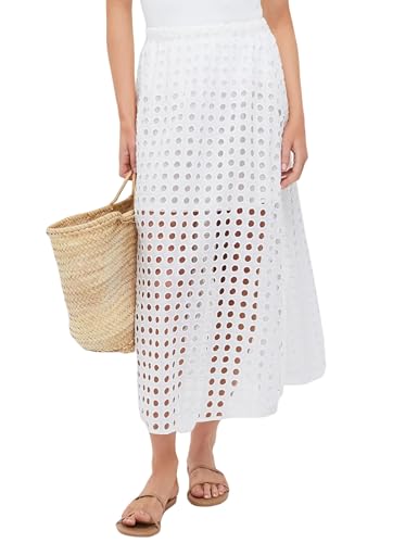 BONVEN Womens Summer Beach Maxi Skirt Eyelet Hollow Out Elastic Waist Trendy Casual Long Skirt with Underneath