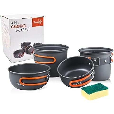 Tentock Camping Cookware Kit Lightweight Aluminium Outdoor Cooking Set Foldable Pans & Pots Set Portable for 2 to 4 People Camping Cooking Utensils for Backpacking Hiking Picnic (4 in 1) Cover