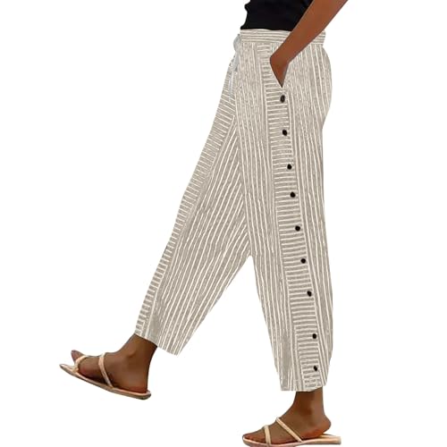 searsucker Pants for Women Womens Linen Cotton Blend Striped Pants Shorts Summer 2025 Casual Dressy High Waisted with Drawstring Waist Lightweight Khaki-1 3X-Large
