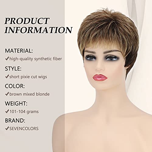 SEVENCOLORS Perucas curtas Pixie para mulheres brancas naturais em camadas curtas marrom com destaqu