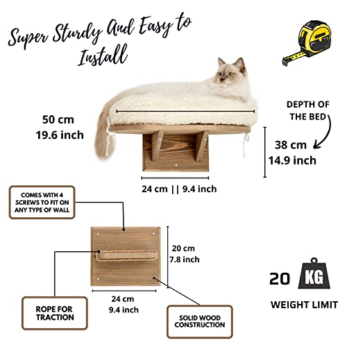 Image of Novecrafto Wall Mounted Cat Shelf Perch Bed With 3 Climbing Steps- Solid Wood Cat Sleeper Platform Shelf With Extra Soft Cushion - Grey Cat Bed