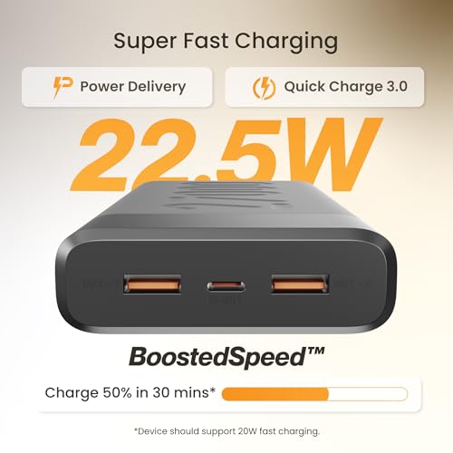 Ambrane 27000mAh Powerbank, 20W Fast Charging, Triple Output (2 USB & 1 Type C), PD, Quick Charge for iPhone, Android & Other Devices, Made in India + Type C Cable (Stylo Pro 27K, Black) view 2