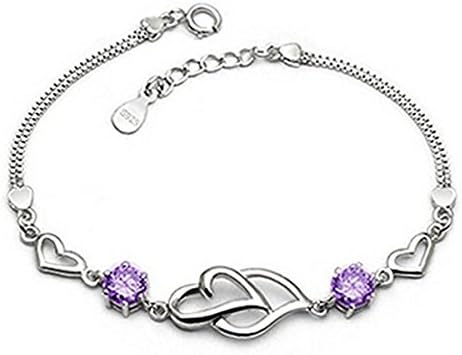 NaivoFashion 925 Silver Plated Double Heart Love Purple Crystal Bracelet Chain Women Girl Gift