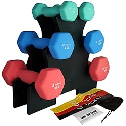 Mancuernas Technogym TACKLY Kit de Mancuernas de Neopreno 1kg / 2kg / 3kg + Cintas elásticas musculación Fitness y Soporte - Juego de 3 Pesas y Mancuernas Gimnasio en casa - Set Deporte Entrenamiento Mujer/Hombre