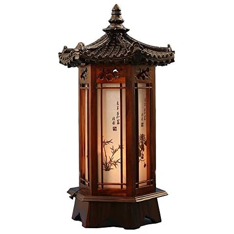 Antique Alive Hexagonal Carved Wood Lamp Handmade Traditional Korean Roof and Window Design Art Deco Lantern Brown Asian Oriental Bedside Bedroom Accent Unusual Table Light Cover