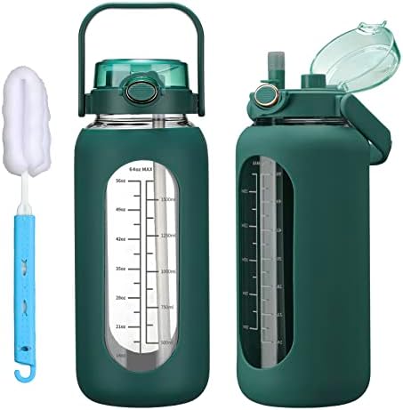 chunmo 64oz Glass Water Bolttles with Straw Half Gallon Large Motivational Water Bottle with Time Marker Sports Water Bottles with Silicone Sleeve and Handle Lid Water Jug for Gym Workout