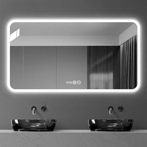 Espejo de baño con luz LED, 3 colores, atenuación, antivaho, Smart Touch, 50 x 70 cm, 60 x 80 cm, 70 x 90 cm, para maquillaje y visualización de tiempo, diseño montado en la pared