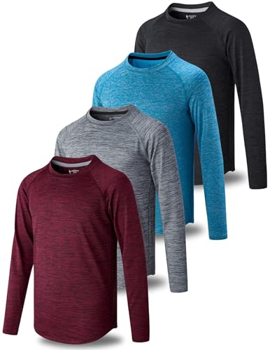 4 Pack: Youth Boys Long Sleeve Shirts Dry Fit Athletic Clothes for Teens, Kids Active Performance Tshirts with Thumb Holes (Set 5, Large)