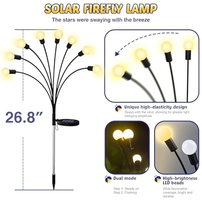 Solar Firefly Lights 2 Pack 16 LED Lights 2 Lighting Modes for Garden, Patio and Yard Solar-Powered LED Lights (Warm White)