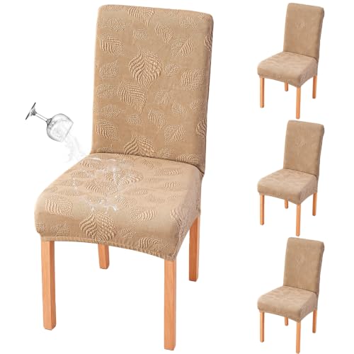 Image of Genina Waterproof Dining Chair Cover Set of 4,Kitchen Chair Cover,Khaki | Stretch Dining Room Chair Slipcovers with Leaf Jacquard,Removable Kitchen Chair Protector for Home,Restaurant,Banquet