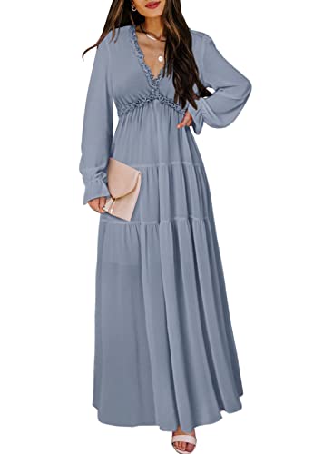 Image of BLENCOT Womens Casual Boho Floral Printed V Neck Long Sleeve Long Maxi Dress Spring Summer Dresses