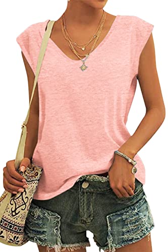 Onfettic Damen T-Shirt Sommer Kuzarm V-Ausschnitt Tops Basic Casual Oberteile Lose Blouse Shirt(Rosa,L) Cover