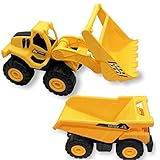 Un conjunto 2 vehículos construcción juguete plástico amarillo para uso en interiores o exteriores.