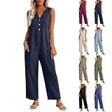 Linen Jumpsuits for Women Dressy Ladies Summer 2026 Wide Leg Cute Boho Rompers Teen Girls Casual Plus Size Jumpers Beach Vacation Teacher Outfits Seniors Maternity Overalls with Pockets Navy XL