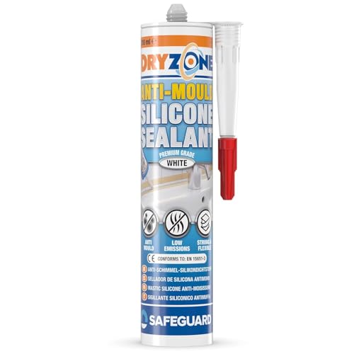 Dryzone Anti-Mould Silicone Sealant White, Waterproof Premium Sanitary-Grade, Low VOC Sealant for Bathroom and Kitchen