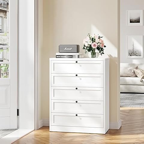 5 Drawer Dresser Storage Tall White Dresser with Wide Drawers Drawer Unit Bedside Table Chest of Drawers Metal Storage Organizer Unit Dresser for Bedroom Living Room Closet (Metal) 16"D x 32"W x 41"H Cover
