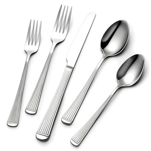Yoehka 60-Piece Hammered Silverware Set for 12, Stainless Steel Flatware Set with Roman Column Handles, Mirror Polished Cutlery/Utensils Set for Home, Restaurant, Hotel, Dishwasher safe