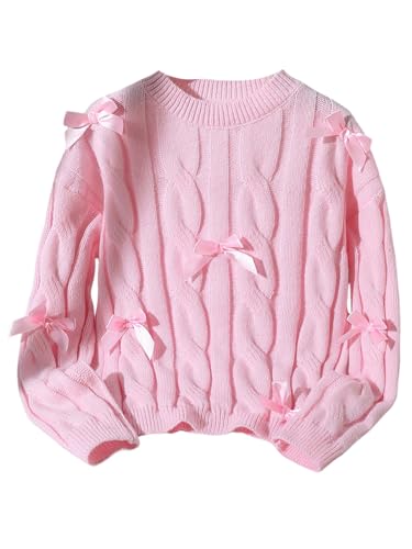 Image of BEAUDRM Girl's Cute Bow Sweater Crew Neck Long Sleeve Drop Shoulder Loose Pullover Tops
