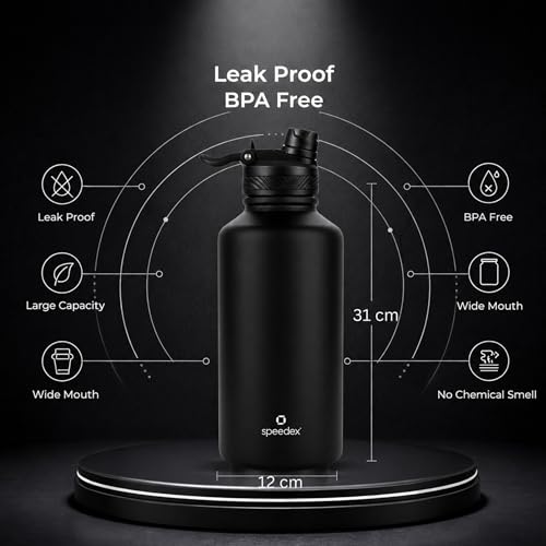 Image of Speedex Vacuum Insulated Stainless Steel Water Bottle 2 Litre (2000ml / 2L / 2 Ltr) with 2-in-1 Lid (Straw & Spout), Hot & Cold Leakproof Thermosteel Travel Flask for Gym & Outdoor (Black)