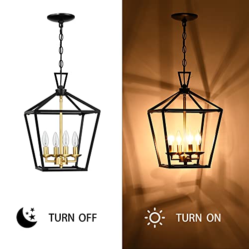 Untrammelife 4-Light Lantern Pendant Light Black And Gold Brushed Brass Kitchen Pendant Light Modern Geometric Chandelier Adjustable Chain Cage Hanging Pendant Light Fixture For Foyer Dining Room #TOP5