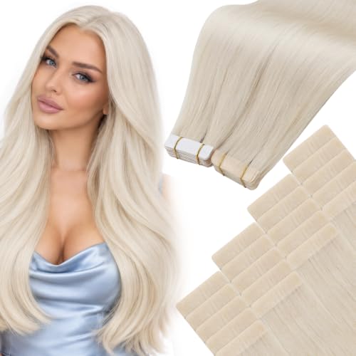 Moresoo Invisible Tape Extensions Human Hair, Platinum Blonde, 16 Inch 40g