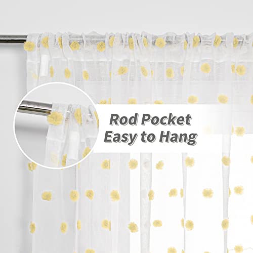 Image of MYSKY HOME Short Yellow Pom Pom Sheer Curtains for Bedroom 45 Inch 2 Pieces | Small Window Curtains, Light Filtering, for Living Room Kitchen Nursery, Yellow Cafe Panels, Rod Pocket, 50 x 45 in