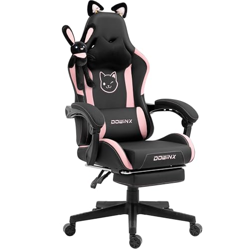 Dowinx Gaming Stuhl - Süße Katze Edition - Ergonomischer Computerstuhl mit Hoher Rückenlehne und Lendenwirbelstütze, PU-Leder, Fußstütze, Schwarz