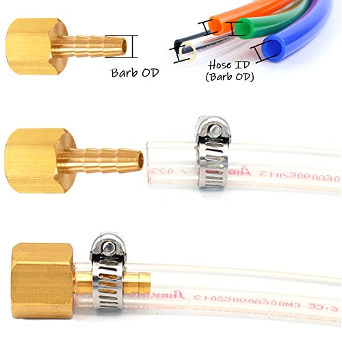 Uenede 6Pcs Solid Brass Thread Barb Hex Fittings 1/4"Npt Female X 1/4" Barb Include 6 Stainless Steel Clamps #TOP6