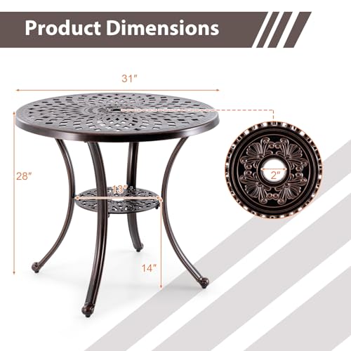 Image of Giantex 31 inch Patio Bistro Table, Cast Aluminum Outdoor Side Table with Umbrella Hole & Bottom Shelf, Appealing All-Weather Round Dining Table for Yard, Porch, Garden