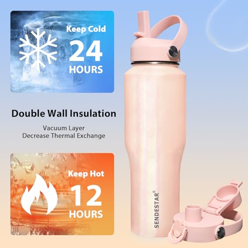 Image of SENDESTAR 40oz Stainless Steel Water Bottle(Cold for 48 Hrs, Hot for 24 Hrs),Double Wall Vacuum Insulated Bottle with Straw Lid, Spout Lid and Flex Cap, Fit in Any Car Cup Holder