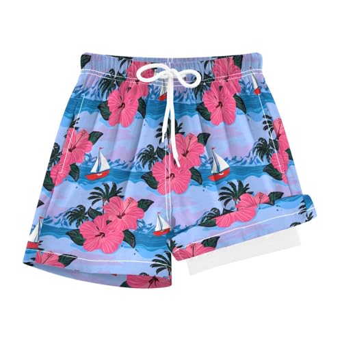 YANENDIE Boy Swim Trunks with Compression Liner Pink Hibiscus Tropical Boys Swim Shorts Quick Dry Beach Shorts