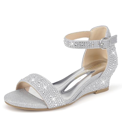 PANDANINJIA Girls Sandals Low Heels Round Open Toe Flower Girls Shoes Ankle Strap Wedding Party Little Big Kids Dress Shoes