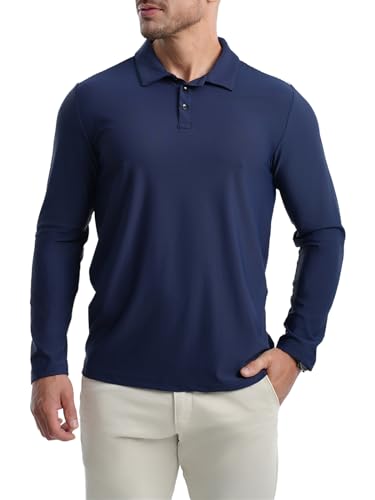 FRTCV Long Sleeve Golf Shirts for Men Dry Fit Polo Shirts Casual Collared Shirts Athletic Outdoor Tops Navy Blue L