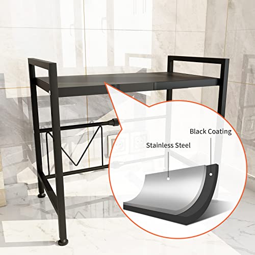 WHIFEA 2-Tier Adjustable Countertop Microwave Oven Rack 16.9''-25.6'' Horizontal Extension Kitchen Supplies Tableware Storage Stand Organizer with 3 Hooks for Home Office Carbon Steel Matte Black