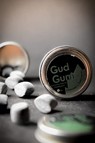 Image of Gud Gum- Natural, Plastic Free Chewing Gum- Pack of 2- No added artificial colours, flavours & sweeteners (Charcoal Mint Tin 15g)