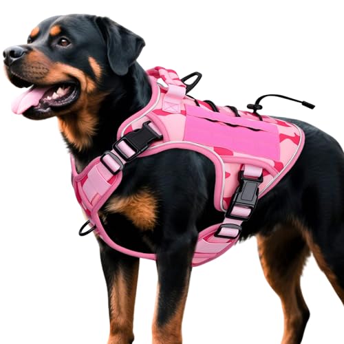 Heavy-Duty Tactical Dog Harness for Large Dogs, No Pull Adjustable Reflective Pet Vest with Molle System, K9 Military-Grade Control for Service Training, Outdoor & 10+ Breeds, Pink Camo, X-Large