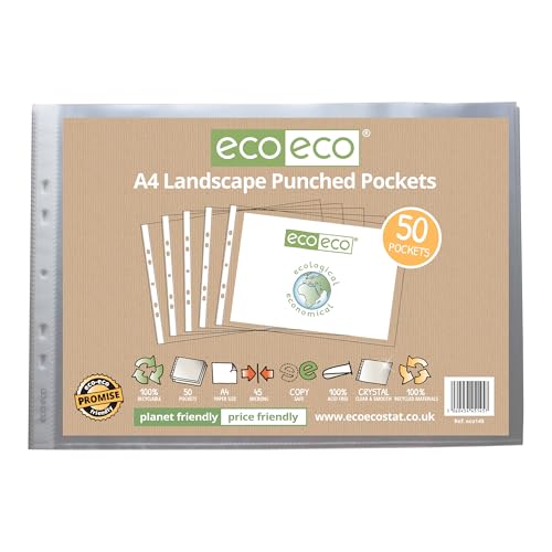 eco-eco A4 100% Recycled Landscape Multi Punched Pockets Glass Clear, Transparent Poly Wallet Sheet Protector, 45 Microns (Pack of 50), eco145