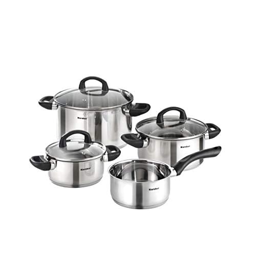 Karcher Mia Pannenset van roestvrij staal, kookgerei, inductiekookpannenset, pannen met glazen deksel en steelpan, 4-delig