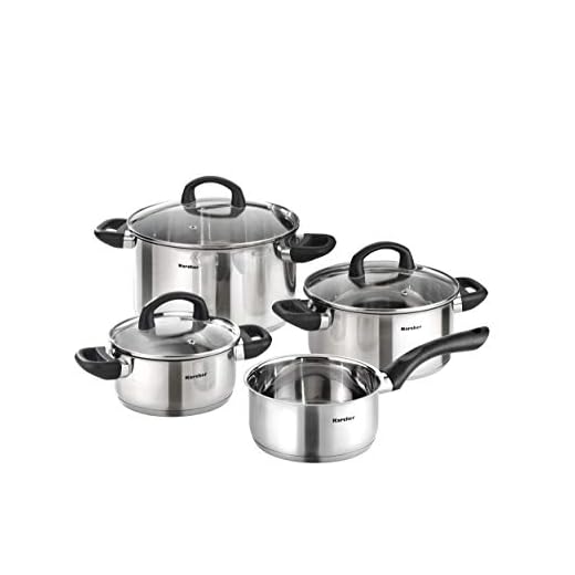 Karcher Mia Pannenset van roestvrij staal, kookgerei, inductiekookpannenset, pannen met glazen deksel en steelpan, 4-delig