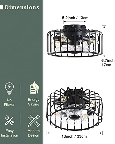 13'' Low Profile Small Flush Mount Farmhouse Industrial Caged Ceiling Fan With Lights, 6 Speed Bladeless Black Ceiling Fan With Remote Control For Living Room, Bedroom, Kitchen (Black) #TOP4