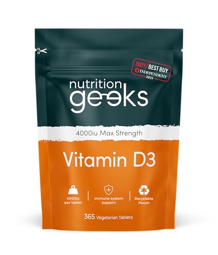 Nutrition Geeks Vitamin D 4000 iu - 1 Year Supply 365 Easy-Swallow Tablets Vegetarian D3 iu High Strength Supplet UK Made VIT & Vitamins Awarded by The Independent