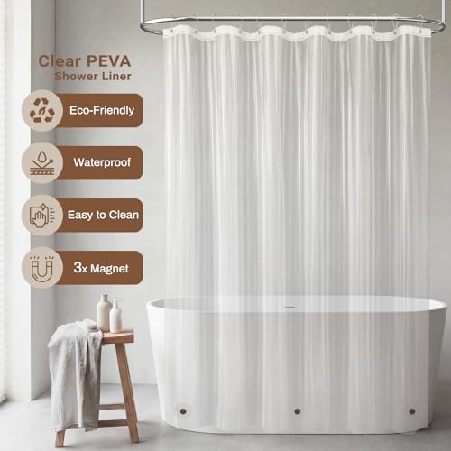 Image of BTTN 3 in 1 Shower Curtain with PEVA Liner, Grey Boho Linen Fabric Shower Curtain Set with Plastic Hook, Farmhouse Bohemian French Country Waterproof Cloth Shower Curtain for Bathroom, Gray, 72x72