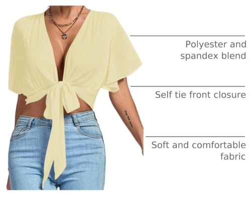 Image of LYANER Women's Sexy Deep V Neck Tie Front Wrap Cropped Blouse Bell Short Sleeve Ruffle Crop Tops