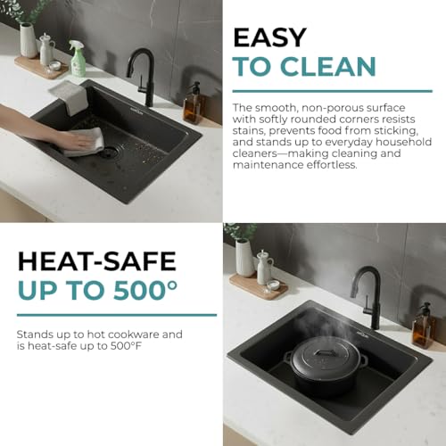 Image of ARQUIN Quartz Sink 21x18x9 Inch Black | Single Bowl Sink | Durable & Scratch-Resistant | Undermount /Topmount Including Coupling, Waste Pipe & Fruit Washing Basket