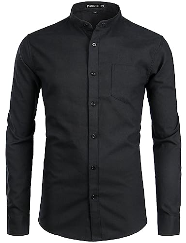 PARKLEES Mens Hipster Design Grandad Collar Oxford Shirt Slim Fit Long Sleeve Casual Button Down Dress Shirts with Pocket Black S