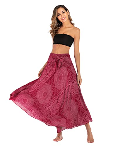 JENJON Femme Robe Imprimé Fleurie Ete Boheme Jupe Style Ethnique 2 en 1 sans Manche Plage Strap Wrap Taille Unique A-Rouge – vue 3