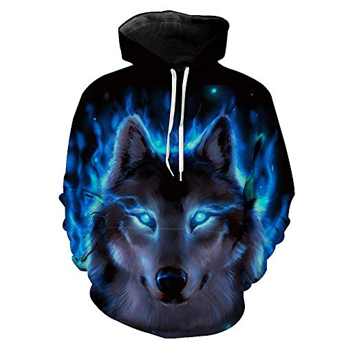 Sudadera con Capucha Unisex 3D de Forro Polar con Bolsillo de Canguro Lobo Azul para Hombre Adolescentes Sweatshirt Hombre Mujer Sudadera con Capucha Casual Manga Larga Pullover