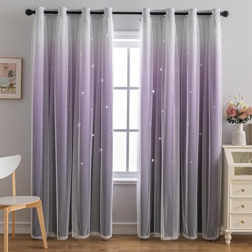 Image of indistar Colourful Stripe Star Cut-Out Blackout Curtains for Bedroom,2 Layers Mix Design of Fabric & Tulle,Pretty Window Curtain for Kids Room 1 Panel (W52 x L95 Dark Purple)