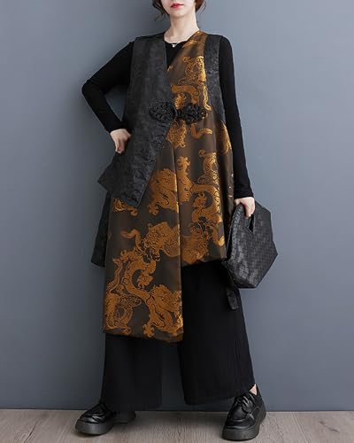 ellazhu Women's Outerwear V-Neck Sleeveless Black and Golden Dragon Pattern Oversize Loose GZ241 A3